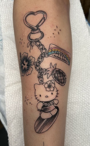 Hello kitty key chain, tattoo by Lily Spade, Dawnbringer Tattoo, Kansas City