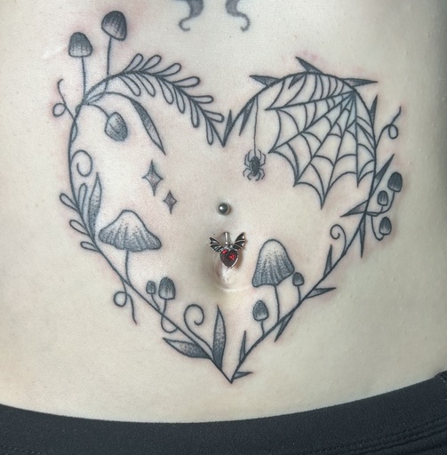 Whimsical-goth traditional heart, tattoo by Lily Spade, Dawnbringer Tattoo, Kansas City