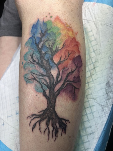 Water color rainbow tree, tattoo by Lily Spade, Dawnbringer Tattoo, Kansas City