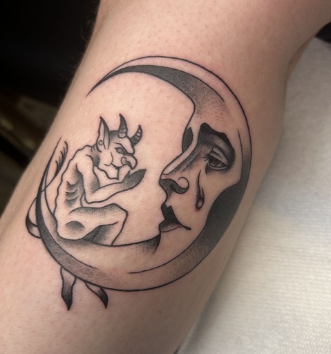 Devil is talking to the moon, tattoo by Lily Spade, Dawnbringer Tattoo, Kansas City