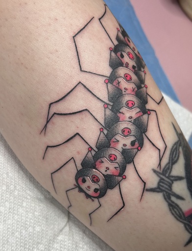 Kuromi centipede, tattoo by Lily Spade, Dawnbringer Tattoo, Kansas City