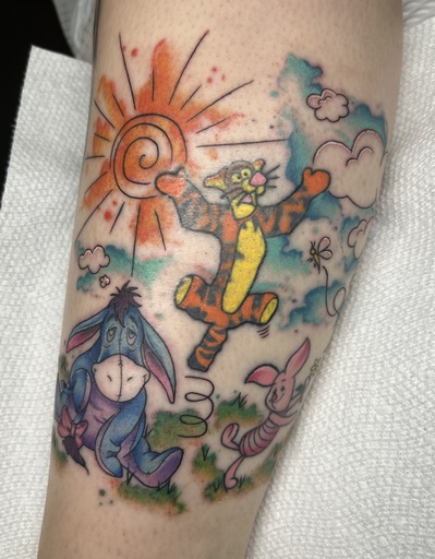 Water color friends of Winnie, tattoo by Lily Spade, Dawnbringer Tattoo, Kansas City