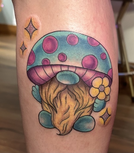 Mushroom gnome, tattoo by Lily Spade, Dawnbringer Tattoo, Kansas City