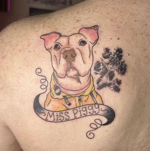 Pup memorial with stipple paw print, tattoo by Lily Spade, Dawnbringer Tattoo, Kansas City