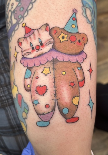 Silly clown conjoined cuties, tattoo by Lily Spade, Dawnbringer Tattoo, Kansas City