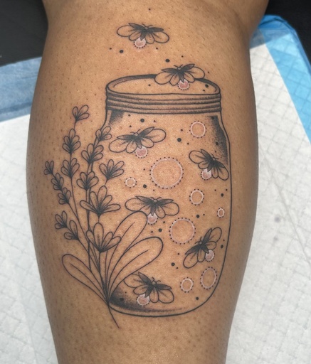 Jar of fireflies, tattoo by Lily Spade, Dawnbringer Tattoo, Kansas City